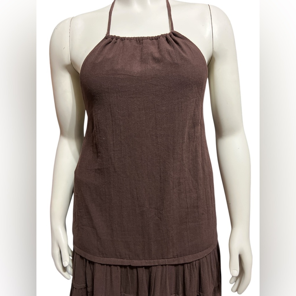 Free People Sz M Brown Dress Somewhere Sunny Drop Waist Maxi Tiered Flowy Boho - Picture 5 of 11